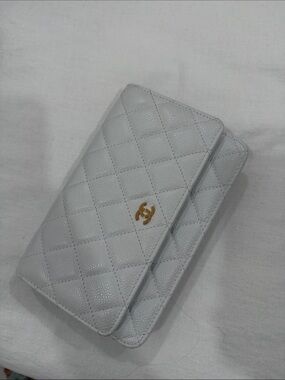 CHANEL Quilted Wallet on Chain in Light Gray with Gold CC